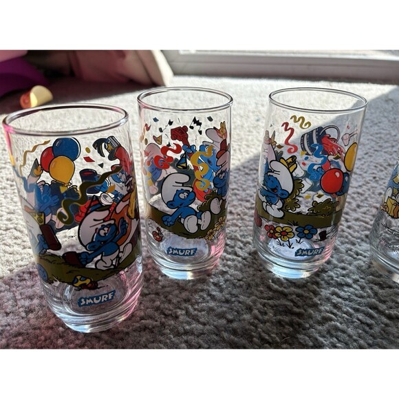 1982 - Smurf Glasses - Hardee’s Promo - Lot Of 6 - Peyo - Wallace Berrie & Co - Picture 4 of 7